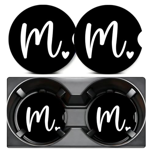 2PCS Letter M Car Cup Holder Coasters,Simple Initial Car Coasters Cars Accessories Interior Decor Universal Neoprene 2.75" Anti-Slip Rubber Mat with Finger Slot,Monogram Gifts for Women, Men, Driver - color: Initial M
