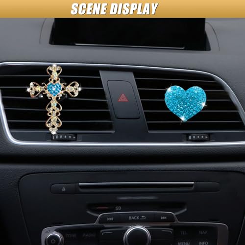 2PCS Bling Cross & Heart Car Dashboard Air Vent Trim Clip, Sparkly Rhinestone Car Air Vent Clips, Diamond Auto Diffuser Charm Clip, Auto Interior Decoration Accessory for Women Girls (Blue) - size: Blue