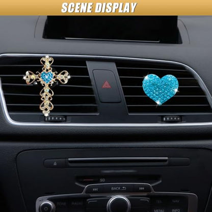 2PCS Bling Cross & Heart Car Dashboard Air Vent Trim Clip, Sparkly Rhinestone Car Air Vent Clips, Diamond Auto Diffuser Charm Clip, Auto Interior Decoration Accessory for Women Girls (Blue) - size: Blue