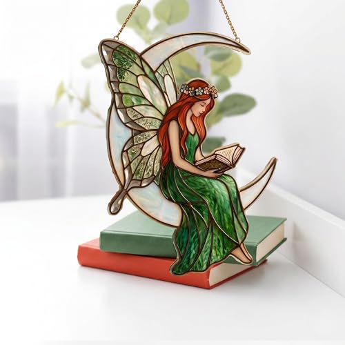 Stained Glass Fairy Sitting on Crescent Moon Decorative Hanging Ornament, Stained Acrylic Fairy Reading a Book Suncatcher, Car Rearview Mirror Charm, Gift for Fairy Lovers, Women,Girls,Teachers,Sun-39