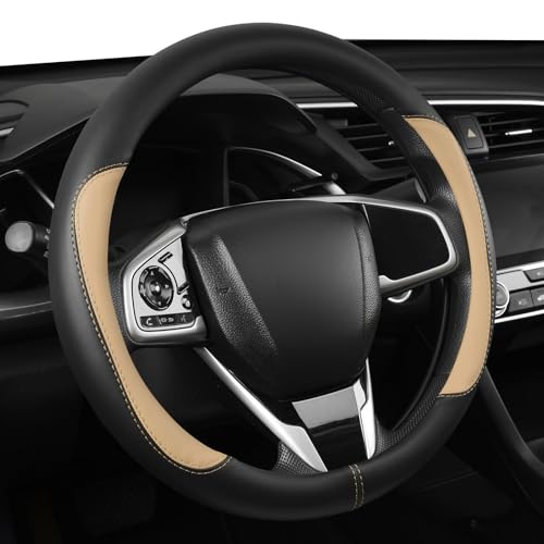 Car Steering Wheel Cover,Microfiber Leather Steering Wheel Cover Universal 15.5-16 inch Large Size for F150 F250 F350 Ram Tacoma 4Runner Tundra Range Rover (Black&Beige) - color: Black&Beige, size: Large Size[15.5"-16"]