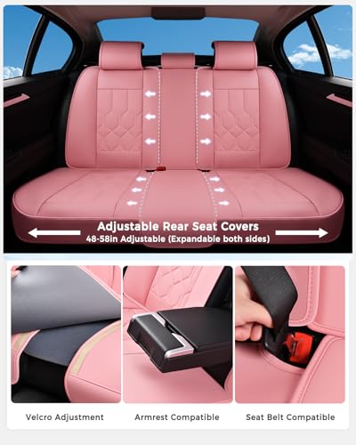 Huidasource Leather Car Seat Covers Full Set, Full Coverage Universal Fit for Most Cars SUVs Trucks, Easy Install with Velcro, Airbag Compatible, Retains Seat Functions & Cupholders, Pink - color: FS: Pink, size: Full Set