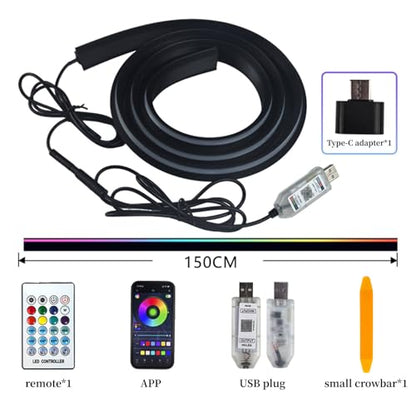 Car Dashboard LED Interior Strip Light,55''USB Powered Acrylic Neon Flexible Strip Fiber Optic LED Ambent Lighting Kits with Remote APP and Type-C Adapter(1 in 1)