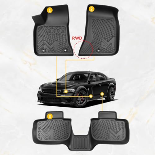 Floor Mats for 2011-2023 Dodge Charger & Chrysler 300 (RWD) Rear-Wheel Drive ONLY, TPE Automotive All Weather Cover Protection Waterproof Black Floor Liner Front & Rear Row Full Set - size: 3PCS (2Row), style: For 2011-2023 | Dodge Charger/ Chrysler 300 R
