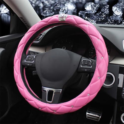 Leather Bling Steering Wheel Cover for Women Car Steering Wheel Protector Anti-Slip Universal Fit 14 1/2-15 inch-Pink with Crown - color: Pink with Crown