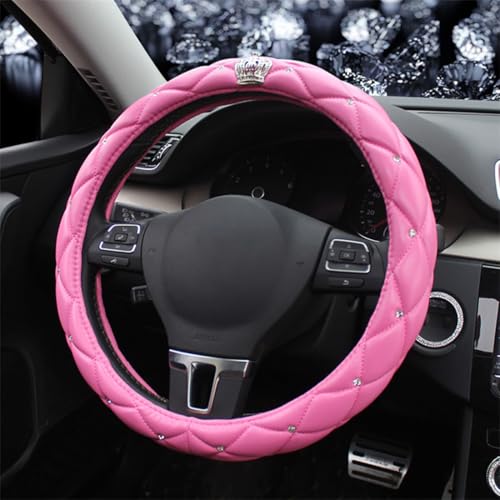 Leather Bling Steering Wheel Cover for Women Car Steering Wheel Protector Anti-Slip Universal Fit 14 1/2-15 inch-Pink with Crown - color: Pink with Crown