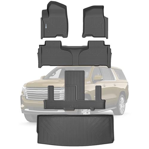 Floor Mats & Trunk Mat for Chevrolet Tahoe 2021-2024 2025-2nd Row Bucket Seat(7 Seats Version) &GMC Yukon（Not Fit XL,TPE All Weather Protection Car Floor Liners for Chevy Tahoe - size: 2021-25|For Chevrolet Tahoe 7Seats|Full Set
