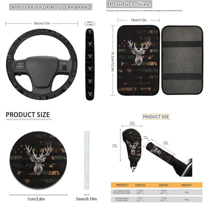 American Flag Printed Car Accessories Sets, 16 Pack Camo Deer Printed Car Front and Back Seat Cover Steering Wheel Cover Safety Belt Cover Armrest Cover Car Head Rest Cover Car Coaster - color: Black and Brown - American Flag Camo Deer