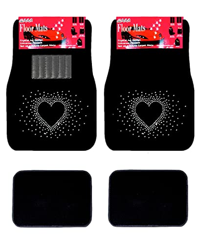 Universal Fit Car Truck Front/Rear 4-Piece Full Set Crystal Bling Rhinestone Design Studded Black Carpet Floor Mats - Pack of 4 (Empty Heart/Black) - color: Empty Heart/Black