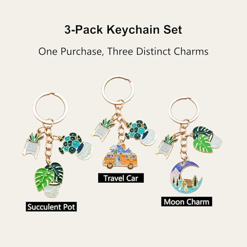 YOUNGGRACE Succulent Shaped Keychain 3-Pack for Women, Decorative Plant Keychain Set with Plant, Car and Moon Charms, Stylish Accessories for Bags or Car Keys, Unique Gift Idea for Plant Lovers
