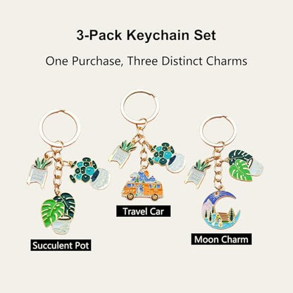 YOUNGGRACE Succulent Shaped Keychain 3-Pack for Women, Decorative Plant Keychain Set with Plant, Car and Moon Charms, Stylish Accessories for Bags or Car Keys, Unique Gift Idea for Plant Lovers