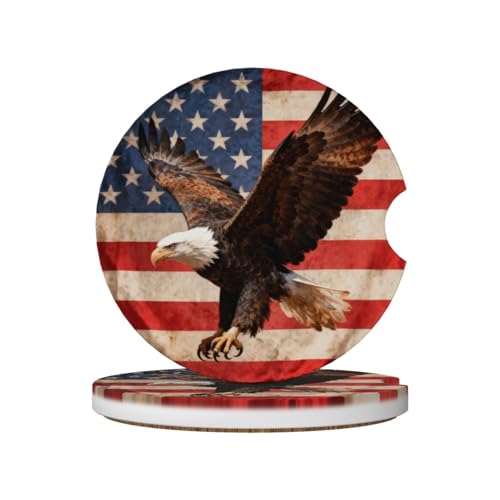American Flag Eagle 2 Pack Car Cup Holder Coasters Absorbent Ceramic Drink Coasters 2.56" Universal Anti Slip Cup Mat with Cork Base and Finger Notch Auto Accessories Interior for Women Men - color: Blue