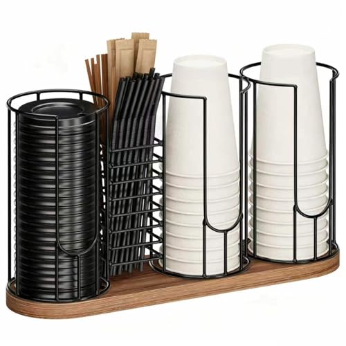 Coffee Cup Dispenser Rack with Wood Base, 18oz Cup Holder Organizer for Storing Paper Cups, Straws, Lids and Disposable Tableware(4-compartment) - color: Black 4-Compartment