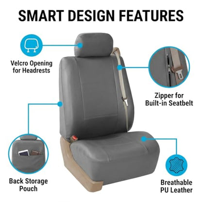 FH Group PU309102 Gray Front PU Leather Seat Cover, Set of 2 (Set Built in Seat Belt Compatible Airbag Ready) - color: Solid Gray - Low Back (Faux Leather), size: Front Set