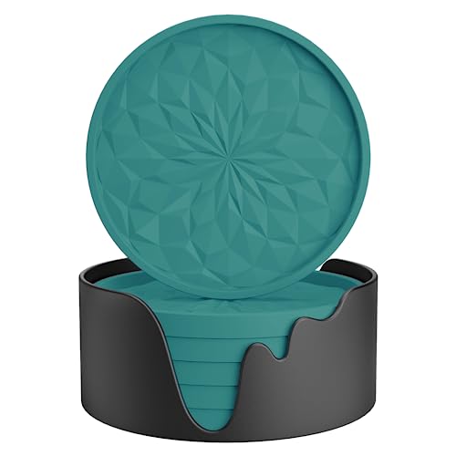 Silicone Coasters with Holder,[6 Pack] Drinking Coasters - Cup Mat for Hot or Cold Drinks, Thickened, Non-Slip, Non-stick,Deep Tray Teal Blue - color: Teal Blue