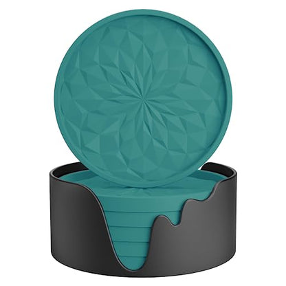 Silicone Coasters with Holder,[6 Pack] Drinking Coasters - Cup Mat for Hot or Cold Drinks, Thickened, Non-Slip, Non-stick,Deep Tray Teal Blue - color: Teal Blue
