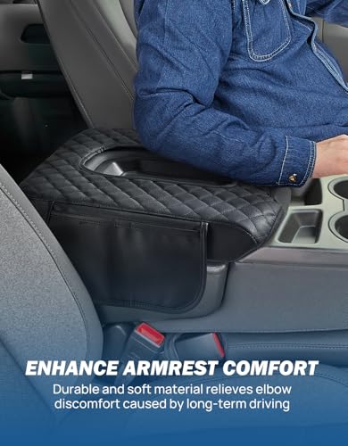 JOYTUTUS Center Console Cover Compatible with 2019-2025 2026 Silverado Sierra Jump Seat, Leather Arm Rest Armrest Cover for Car, Durable Middle Console Cover Replacement for Trucks, with 2 Pockets