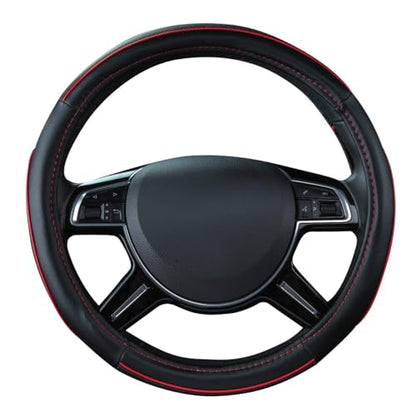 Car Pass Colour Piping Leather Steering Wheel Cover,Perfectly fit for 14.5-15 inches for Various Vehicles SUVs,Vans,Sedans,Cars (Black & Red) - color: Black and Red