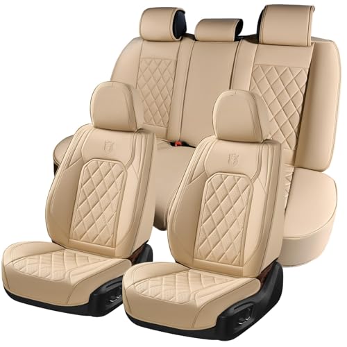 Coverado Car Seat Covers Full Set, Luxury Faux Leather Waterproof Seat Cover, 5 Seat Universal Seat Covers for Cars, Front and Back Car Seat Protector, Beige Leather Seat Cover Fit for Most Cars - color: A-Beige, size: Full Set