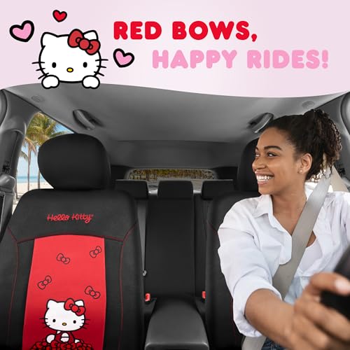 Hello Kitty Car Seat Covers - Stylish Black and Red Front Seat Covers with 4PC Carpet Car Floor Mats - Universal Fit for Cars, SUVs & Trucks - Black with Red Bow & Hello Kitty Print - color: Covers & Carpet Mats-Pink, style: Hello Kitty