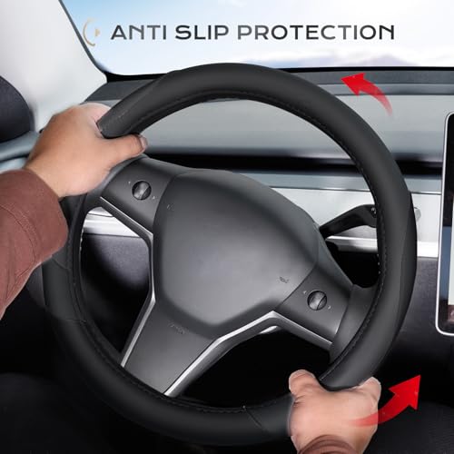 Coverado Car Steering Wheel Cover, Nappa Leather Black Steering Wheel Covers for Women, Universal 14-15 inch, Anti-Slip, Breathable Steering Wheel Protector - color: B-Black&Black