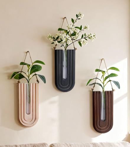 Wooden Wall Vase Set of 3, Propagation Vases Hanging Planters for Indoor Plants, Wall Mounted Vase Boho Modern Farmhouse Decor for Entryway Hallway - color: Mix-3
