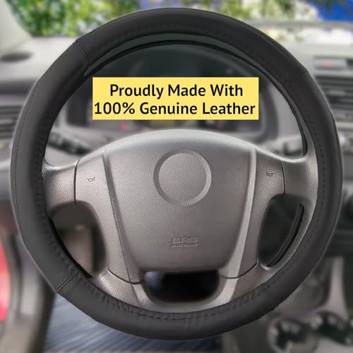 Steering Wheel Cover, Black, Real Genuine Leather, 15 inch, for Men and Women, Universal, Stretch On, Heat Resistant, Stays Cool, Non-Slip, HANWOLF - color: Black, size: Medium (14.5 to 15.375 inch diameter)