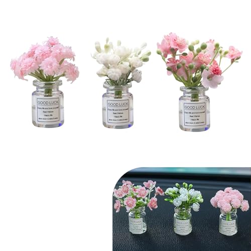 3 PCS Mini Flower in Vase Car Dashboard Decorations, Cute Babysbreath Jasmine Cherry Blossom Daisy Realistic Glass Vase Ornaments, Funny Dashboard & Rear View Mirror Interior Decor for Cars