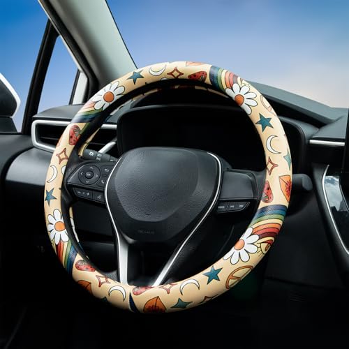 Rainbow Love&Peace Steering Wheel Cover Auto Jacquard Steering Wheel Protector, Anti-Slip, Breathable, Absorbing Sweat, Universal Car Accessories 14.5–15 inch,Fit for Most Car, Trucks, SUV - style: Rainbow Love and Peace