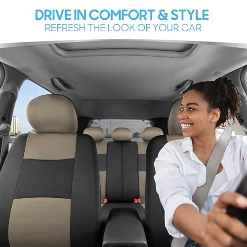 BDK PolyPro Car Seat Covers Full Set in Beige on Black – Front and Rear Split Bench Seat Covers for Cars, Easy to Install Car Seat Cover Set, Car Accessories for Auto Trucks Van SUV - color: Beige/Black