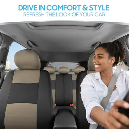 BDK PolyPro Car Seat Covers Full Set in Beige on Black – Front and Rear Split Bench Seat Covers for Cars, Easy to Install Car Seat Cover Set, Car Accessories for Auto Trucks Van SUV - color: Beige/Black