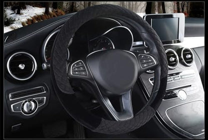Winter 38cm Premium Soft Short Fur Car Steering Wheel Cover High-Density Warm Plush Steering Wheel Protector Cover Black - color: Black