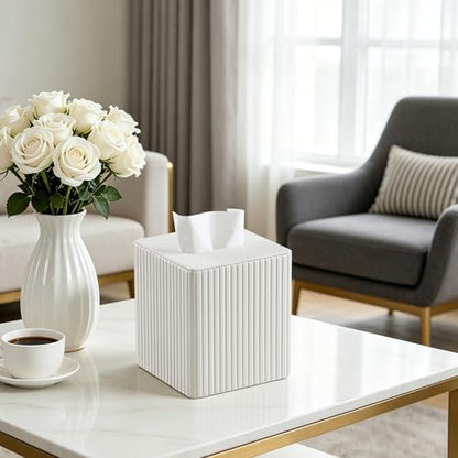 PU Leather Tissue Box Cover Square Tissue Box Holder with Magnetic Closure (Ivory Fluted) - color: Ivory Fluted