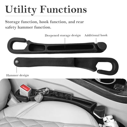 Car Seat Gap Filler 2 Pack with Organizer Hook & Emergency Glass Breaker Prevent Small Items & Tools from Falling Ultimate Seat Side Gap Fits Cars, SUVs, Trucks & Sedans - color: Black