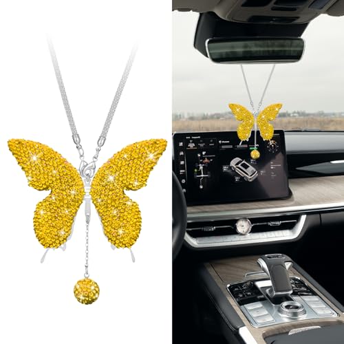 Bling Butterfly Diamond Car Accessories, Car Mirror Hanging Accessories, Crystal Rhinestone Vehicle Rear View Mirror Charms, Lucky Diamond Auto Hanging Ornament Pendant for All Cars (Yellow) - color: Yellow
