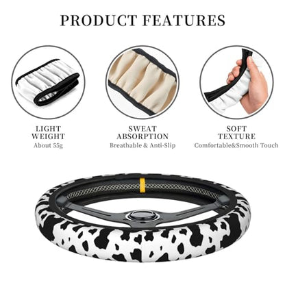 Black White Cow Print Neoprene Steering Wheel Cover for Men Women Anti-Slip Elastic Steering Wheel Protective Cover 15in Universal Car Accessories Fit Cars, SUVs, Auto - color: Black White Cow Print