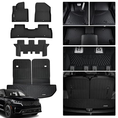 All-Weather TPE Floor Mats for 2016-2020 Kia Sorento, 3 Row Custom Fit Floor Liners，Cargo Liner with Seat Back Protection, Heavy Duty Non-Slip, Trunk Mat Set - size: 16-20丨sorento full mat