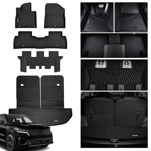 All-Weather TPE Floor Mats for 2016-2020 Kia Sorento, 3 Row Custom Fit Floor Liners，Cargo Liner with Seat Back Protection, Heavy Duty Non-Slip, Trunk Mat Set - size: 16-20丨sorento full mat