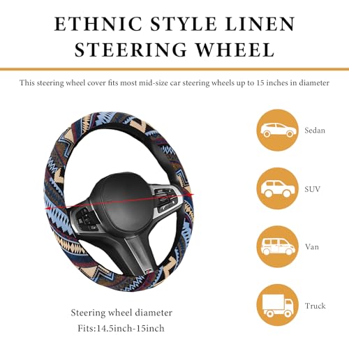 Boho Steering Wheel Cover, 15 Inch Coarse Flax Cloth Ethnic Style Anti-Slip Car Wheel Wrap, Universal Breathable Bohemian Steering Wheel Protector for Cars Vans Trucks (H) - color: H