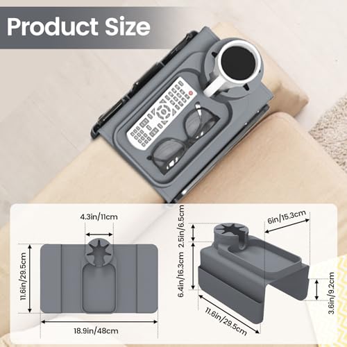 Couch Cup Holder Tray, Silicone Sofa Armrest organizer with Side Pockets for Storage Remotes, Cell-phone,Tablet or Snack, Anti-Spill and Anti-Slip Sofa Arm Tray for Recliner, Armchair Caddy (Gray)