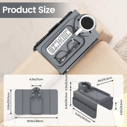 Couch Cup Holder Tray, Silicone Sofa Armrest organizer with Side Pockets for Storage Remotes, Cell-phone,Tablet or Snack, Anti-Spill and Anti-Slip Sofa Arm Tray for Recliner, Armchair Caddy (Gray)