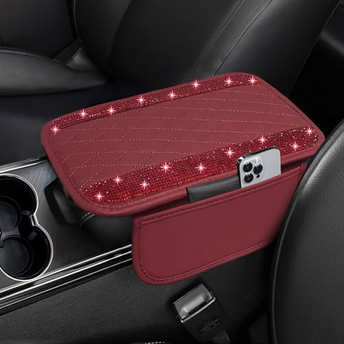 NBTEPEM Bling Burgundy Red Car Center Console Cover, Leather Car Arm Rest Cover with 2 Storage Bags, Universal Auto Armrest Protector Storage Box, Bling Accessories Interior for Most Vehicles - color: Red Leather Diamond