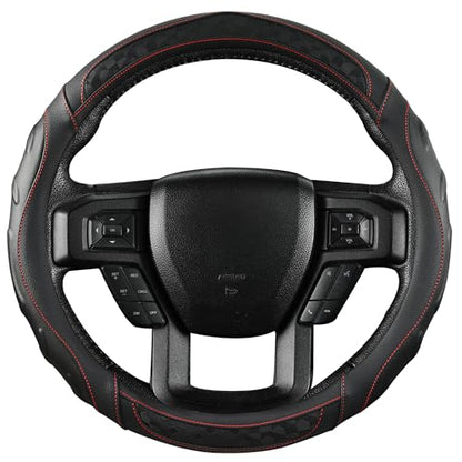 Black Seal Custom-Fit Steering Wheel Cover for Ford F-150, F-250, F-350, Expedition, 15.5–16", Anti-Slip PU Leather (Black+Red Line) - color: Black+Red Line