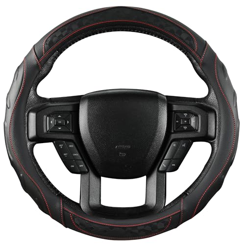 Black Seal Custom-Fit Steering Wheel Cover for Ford F-150, F-250, F-350, Expedition, 15.5–16", Anti-Slip PU Leather (Black+Red Line) - color: Black+Red Line