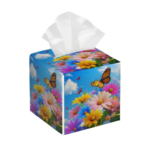 Floral Tissue Box Cover PU Leather Square Tissues Holder Wildflowers Butterfly Blue Sky Decorative Facial Paper Organizer Dispenser for Bedroom Bathroom Vanity,Home Office Car - color: Blue Pink Orange