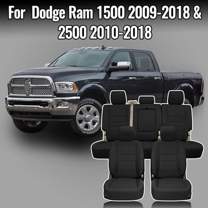 Heavy-Duty High-Density Composite Fabric Seat Covers for Dodge Ram 1500 (2009-2018) & 2500 (2010-2018), Waterproof & Foam Padded Full Set Front and Rear, Easy to Install & Clean - Black - size: Front&Rear