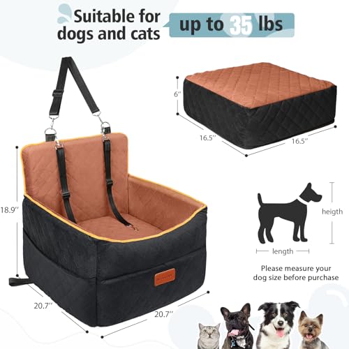 Small Dog Car Seat, Memory Foam Dog Booster Seats with Thick Cushion for Medium Dogs Under 35lbs, Detachable Washable Pet Car Seat Travel Bed with Storage Pockets,2 Safety Belts - color: Black+brown