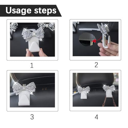 Bling Car Headreat Hook, 2PCS Crystal Rhinestone Cute Bow Vehicle Seat Back Hanger Storage for Purses Bags Grocery, Diamond Auto Rear Seat Organizer, Universal for SUV Truck Sedan (Pink) - style: Pink/2PCS