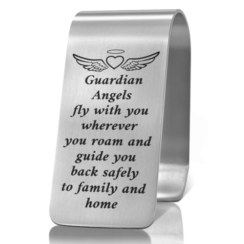 XQLZY Guardian Angels Fly with You Engraved Stainless Steel Car Visor Clip, New Driver Gifts, Inspirational Guardian Angel Visor Clip for Family Friend Driver, Teen Driver Sweet 16 Gifts