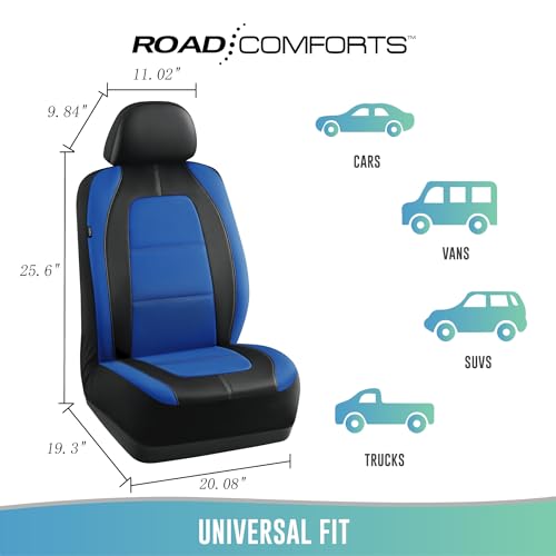 Road Comforts Car Seat Cover, Leather Car Seat Covers, Front Low Back Sport Seat Covers, Airbag Compatible, Universal Fits for Most Cars (Blue)